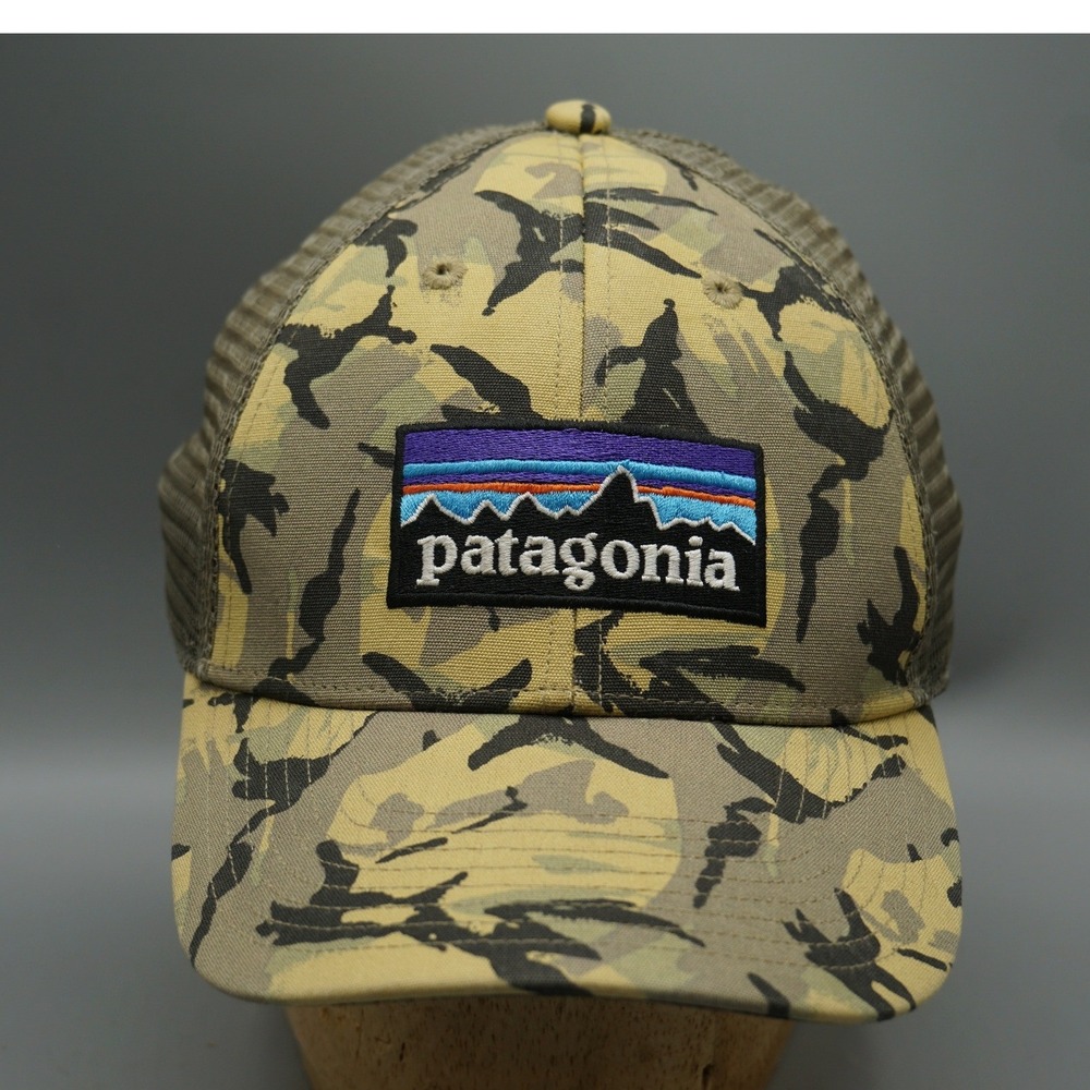 Patagonia P-6 Logo Trucker Hat Camo Tan Olive Adjustable Snapback Mesh Cap
